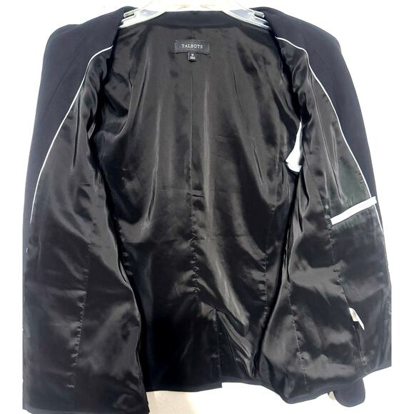 Talbots Black Wool Blazer Sz 10 Single Button Jacket Striped cuff sleeves Chic - Picture 7 of 8